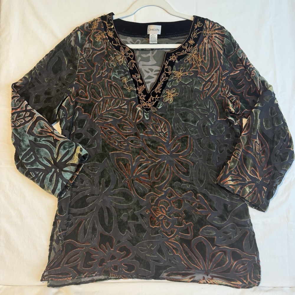 Velvet Burnout Medium Tunic Top Silk Forest‎ Goblin Embroidered Beaded Chico's